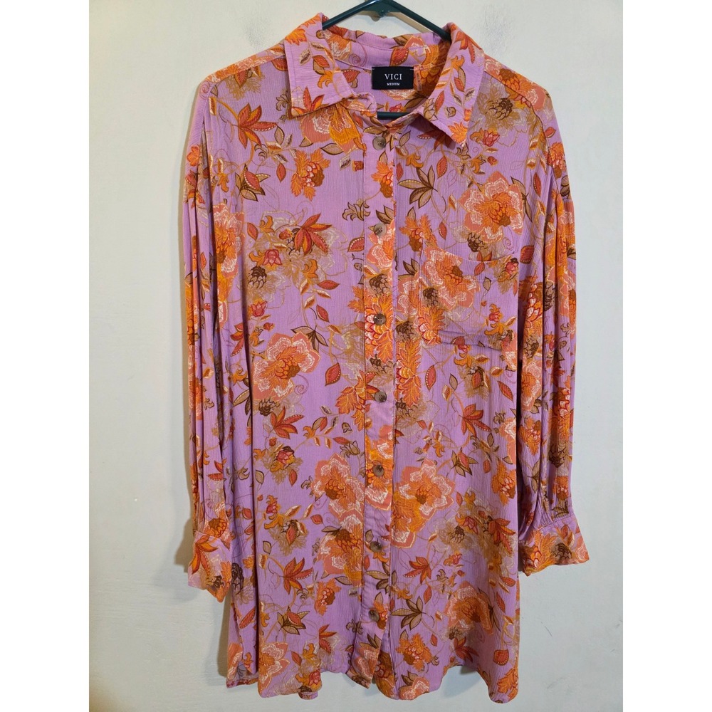 VICI Womens Floral Paisley Button Down Shirt Dress Purple Orange Boho‎ Rayon M